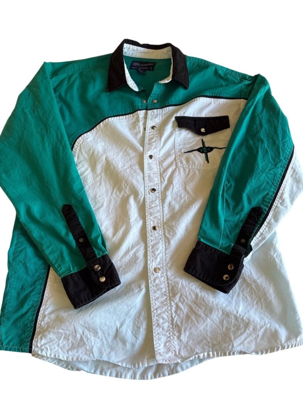 Wrangler Mens Western Shirt Large Green & White Snap Button Long Sleeve